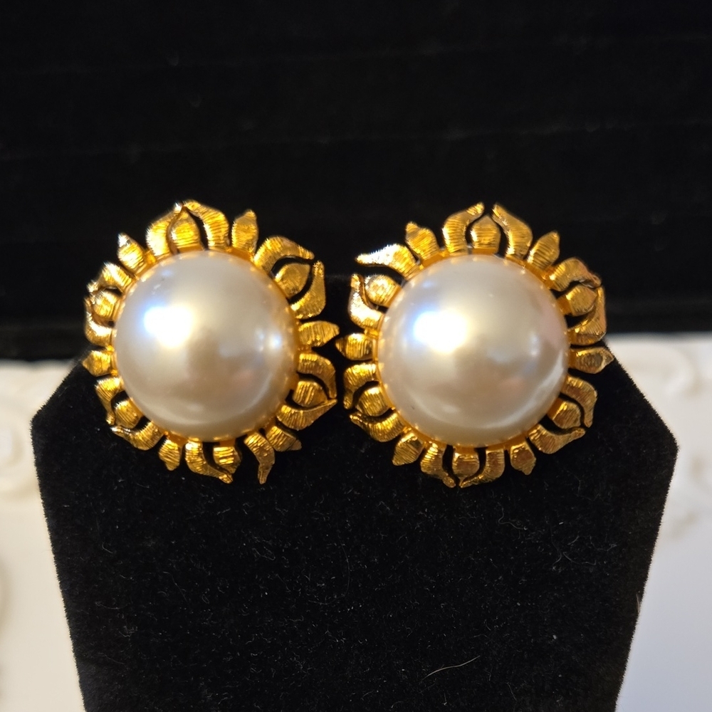 Napier Gold and White Pearl Earrings with Vintage Floral Design